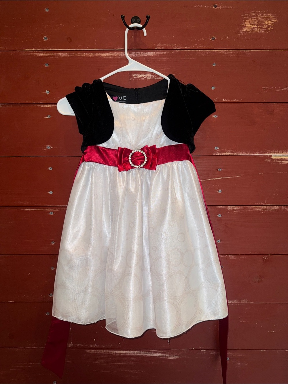 Love Girls White and Black Dress with Red Satin Bow. Formal. Christmas.
